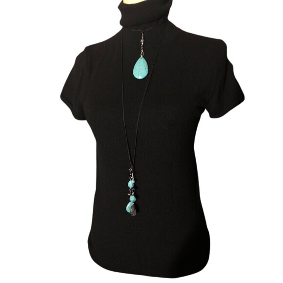 Teardrop Turquoise Lariat necklace with glass and stone beads Silk & Silver Tone - Picture 2 of 12